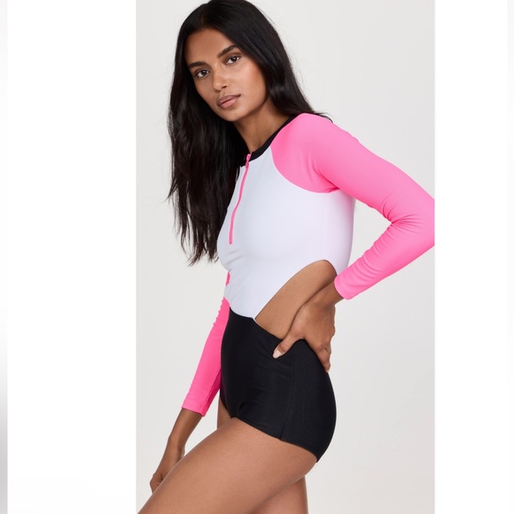 Beach Riot Bethany Rash Guard Swimsuit in Black Pink Colorblock size Large - Picture 3 of 14